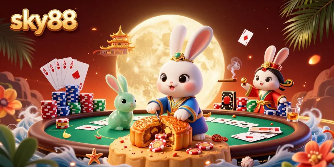 Experience thrilling gambling at sky88 with a moon rabbit crafting poker chips from mooncakes.
