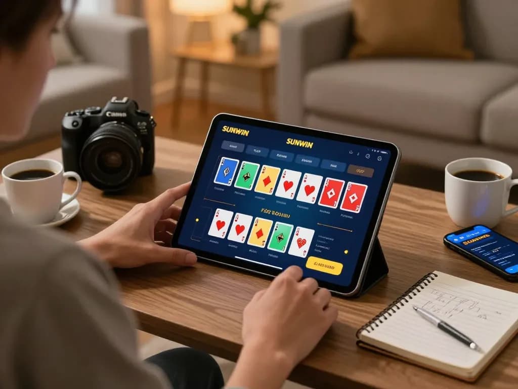 SUNWIN player engaging in virtual poker game on tablet with strategy notes in a cozy setting.