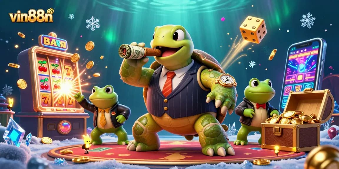vin88n showcases a lively casino scene with a cartoon turtle and bullfrogs amidst a jackpot celebration.