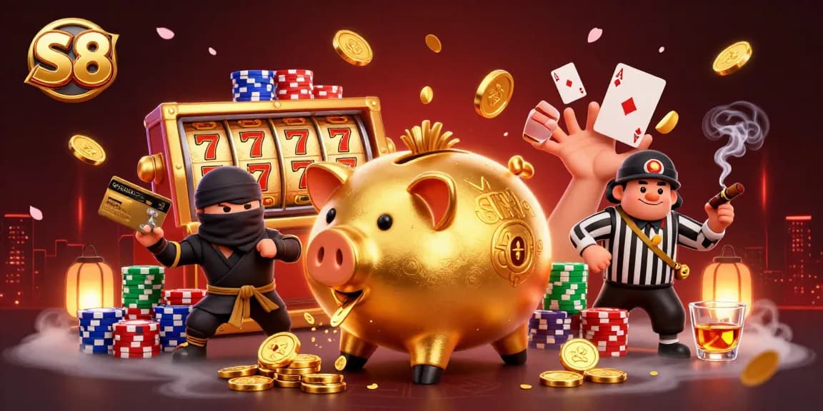 S8 showcases an epic 3D gaming battle with a golden piggy bank, wallet ninja, and credit card samurai among vibrant casino elements.