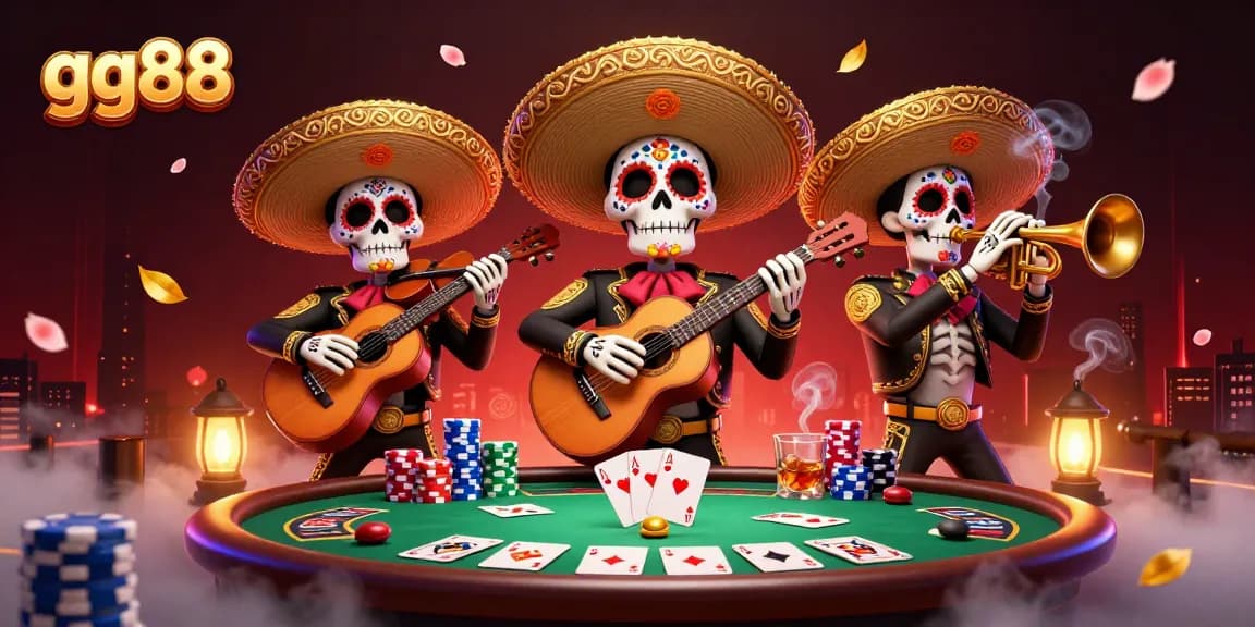 Experience gg88 excitement with a vibrant mariachi band and poker scene in this 3D illustration.