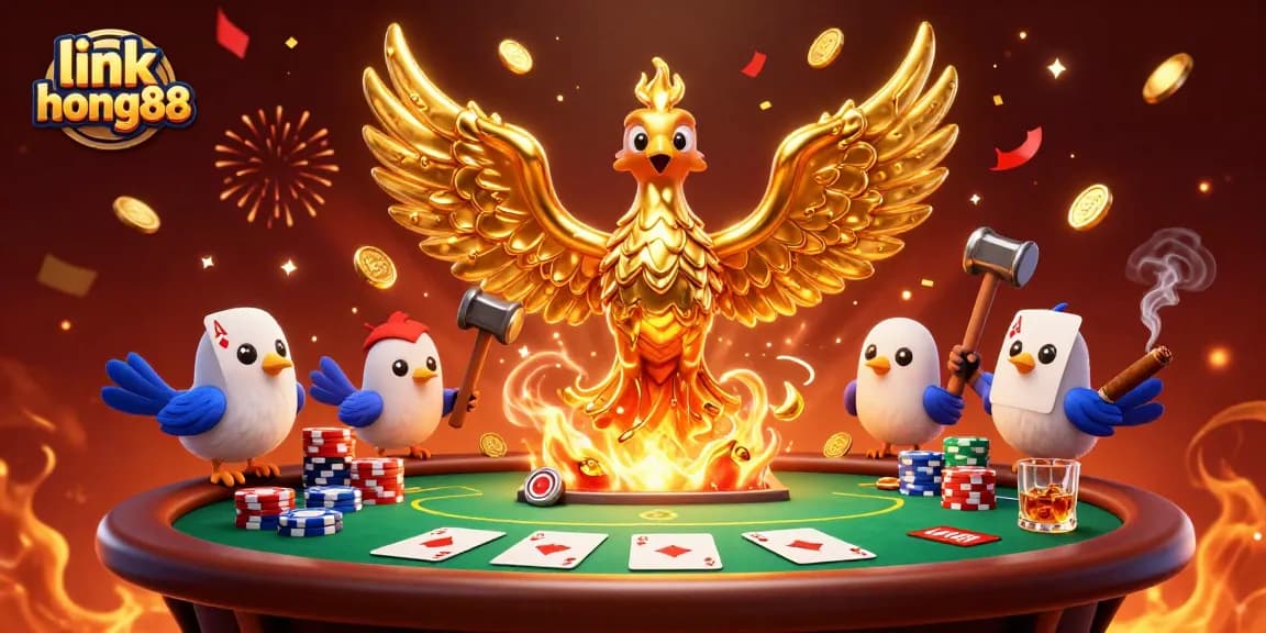 Experience the thrill at link hong88 with a molten phoenix amidst poker elements.