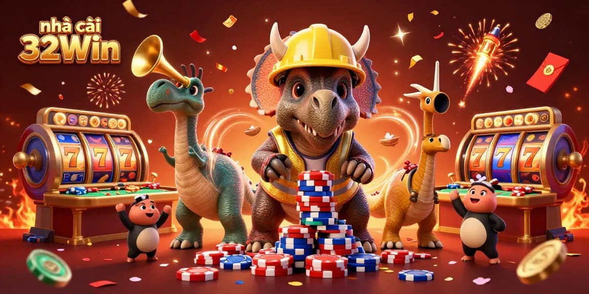 Experience the vibrant energy of nhà cái 32Win with a 3D illustration of playful characters celebrating as they engage in exciting online gambling activities.