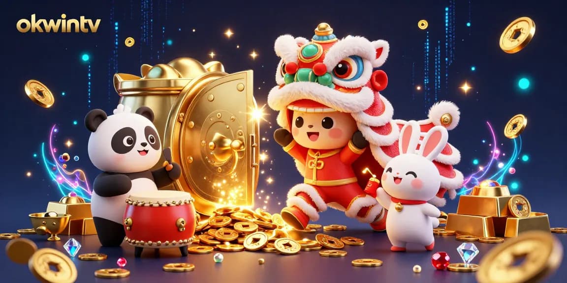 Engage with okwintv's vibrant festive scene showcasing a lucky lion dance with gems and gold.