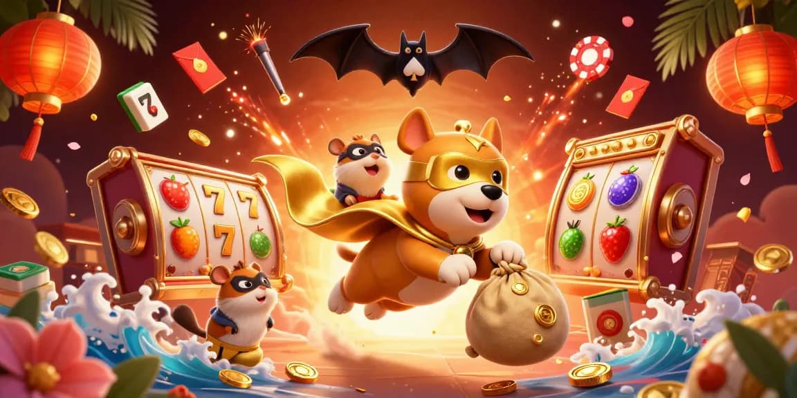 Fabet introduces a lively arcade with a superhero dog and hamster amidst thrilling slot reels and poker chip lights.