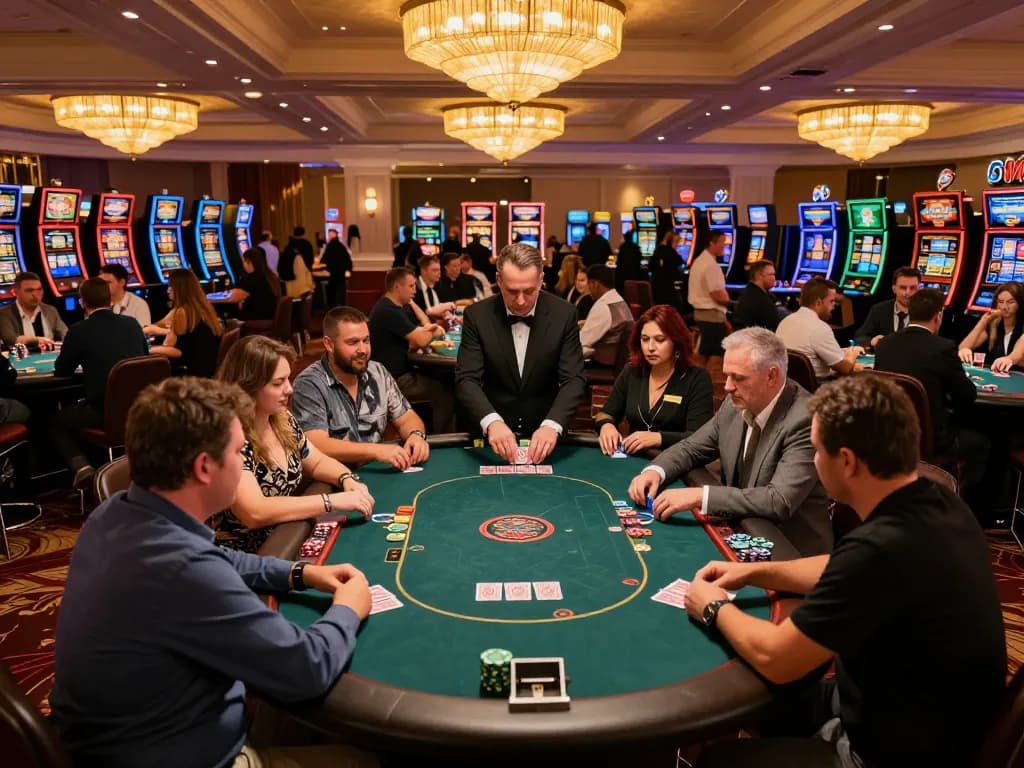 Players enjoying a thrilling poker game at rik88 com, showcasing an upscale casino atmosphere with vibrant tables and dealers.