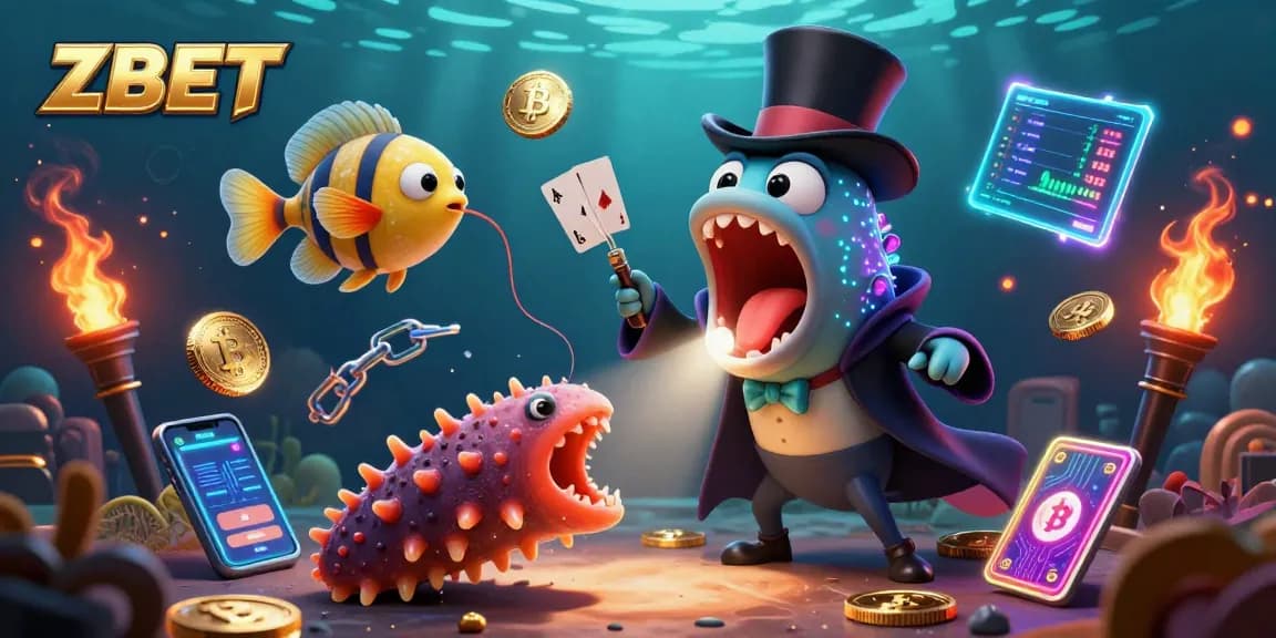 ZBET showcases an underwater magic act with glowing crypto elements highlighting the crypto casino theme in a vibrant illustration.