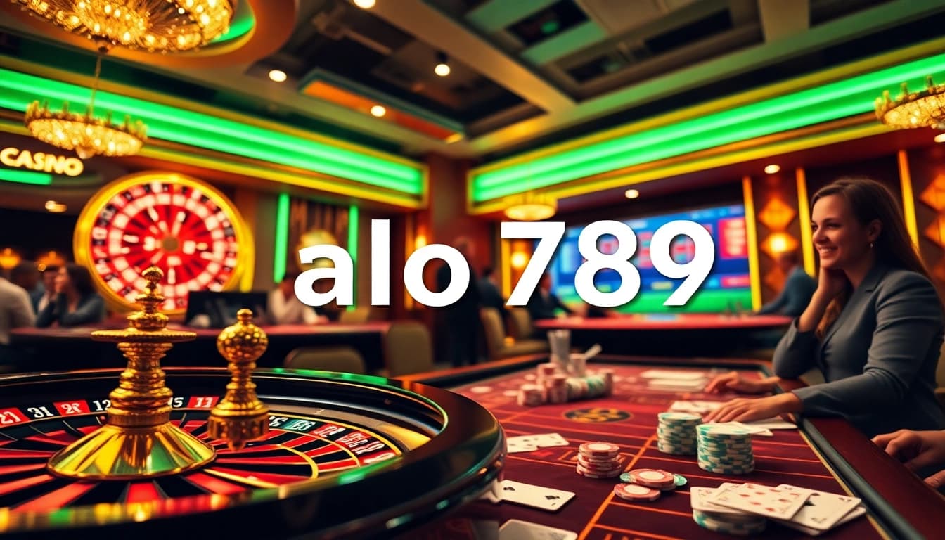 A thrilling scene of online gambling at alo 789, showcasing a roulette wheel and poker chips amidst an exciting casino environment.