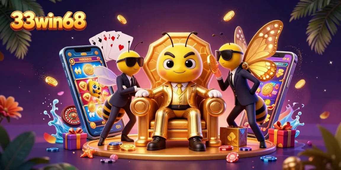 Experience the excitement of 33win68 with a detailed illustration of a bumblebee mob boss and gaming elements.