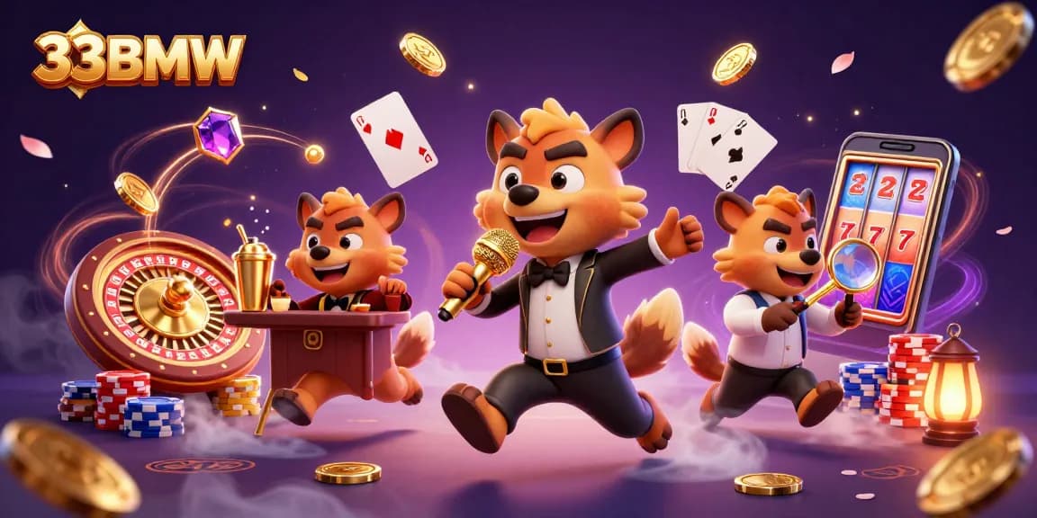 33BMW hyenas entertain at a vibrant casino with golden coins and sparkling gems flying in action.
