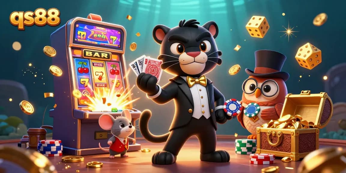 Experience exciting casino games at qs88 with stylish characters, slot machines, and poker elements.