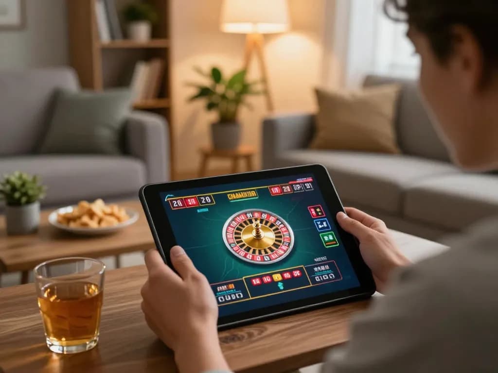 lc88 online gambler playing roulette on tablet in cozy living room.