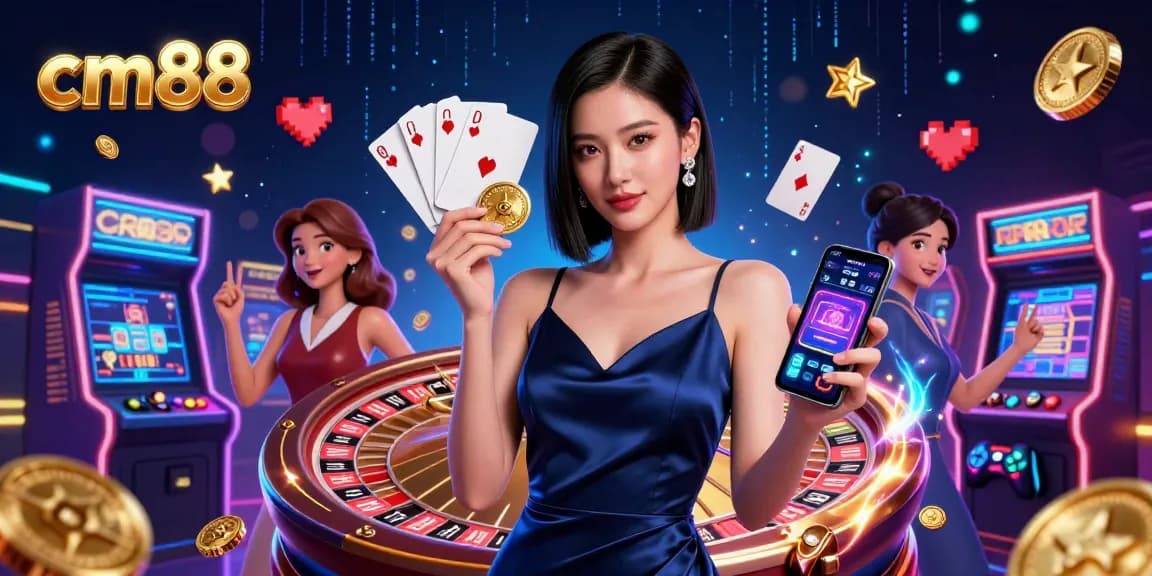 Experience the thrill of cm88 casino gaming with an elegant woman showcasing top games.