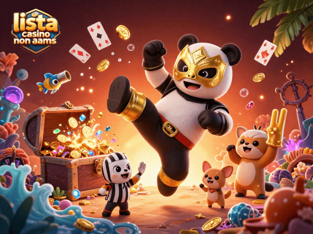 Scopri la lista casino non AAMS con un panda lottatore che salta e animali festanti in un mondo marino vivace.