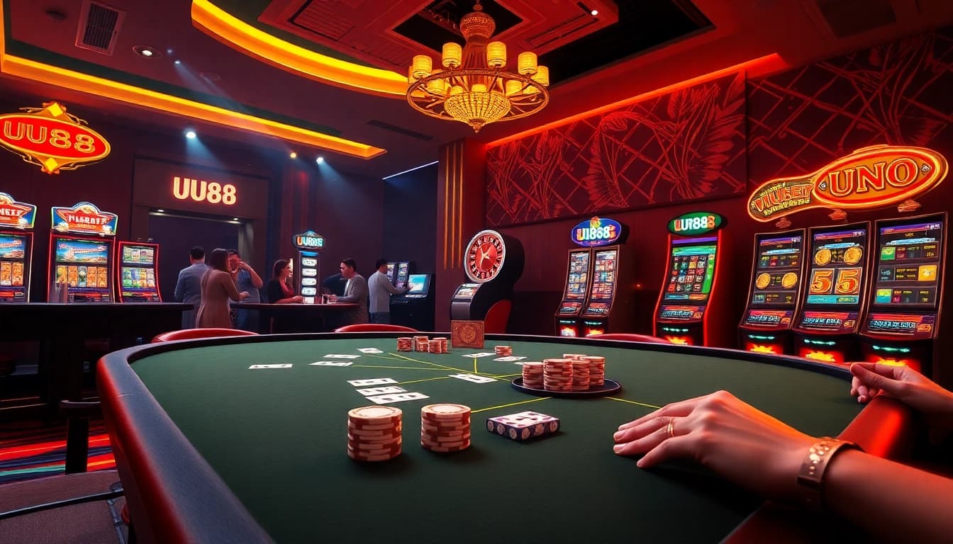 Excited players enjoying the thrill of UU88 casino games at a luxurious gaming table.