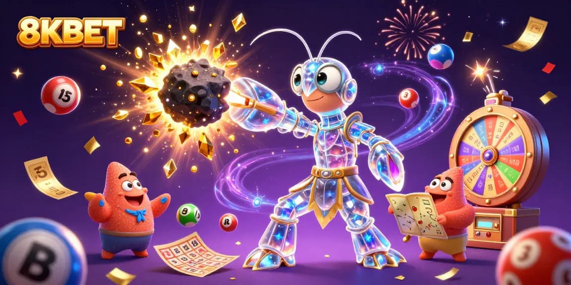 Experience vibrant casino excitement with 8KBET, featuring colorful lottery elements and dynamic scenes.