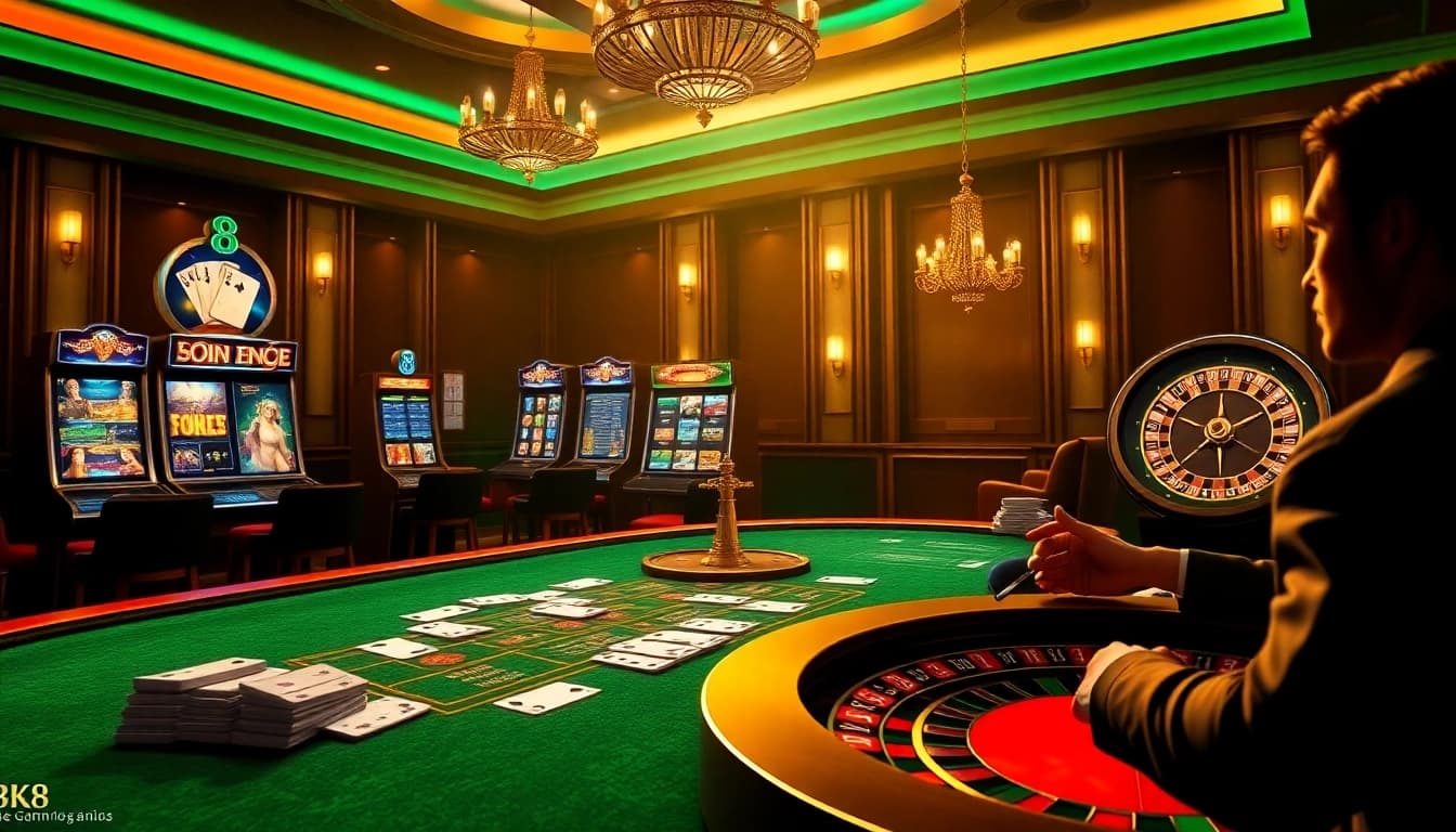 A vibrant online gambling scene showcasing 8k8's engaging poker and roulette tables, highlighting the excitement of virtual betting.