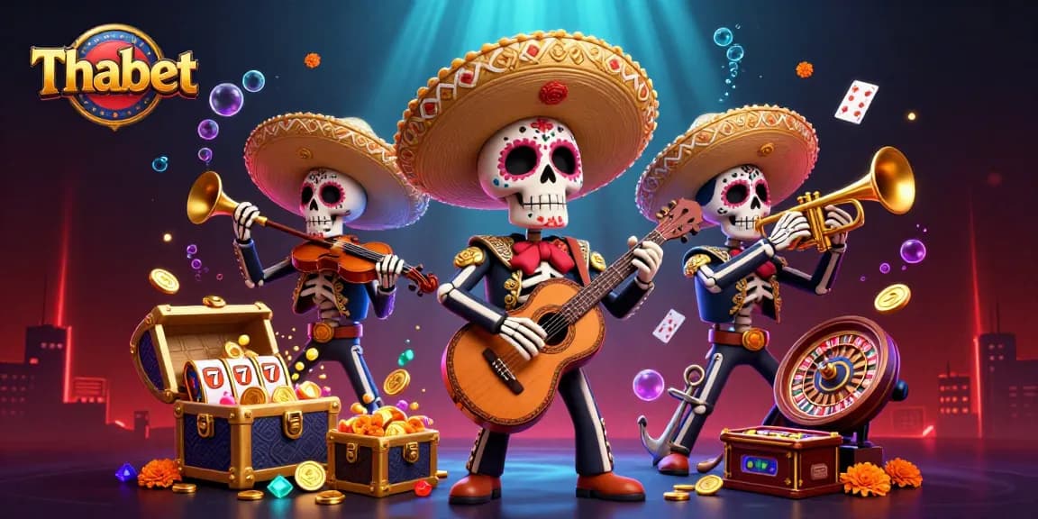 Engage in thrilling gameplay at Thabet with vibrant mariachi characters amidst sparkling casino elements.