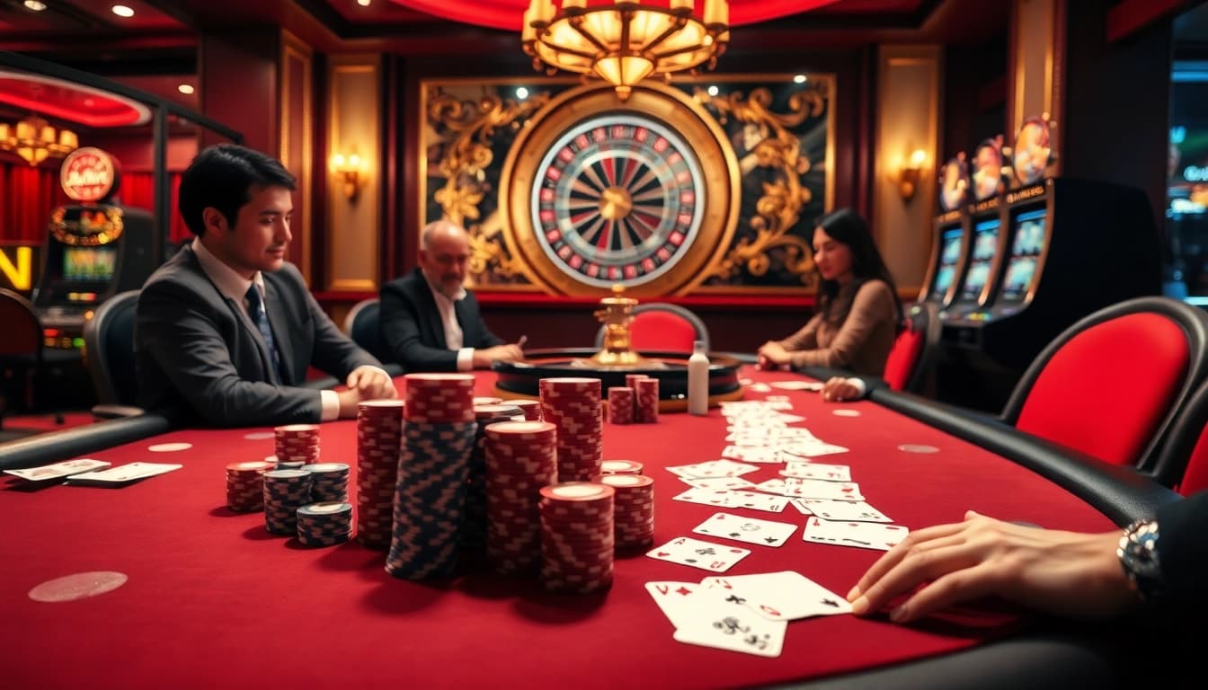 Experience high-stakes gambling action at OKFUN with vibrant poker scenes and roulette excitement.