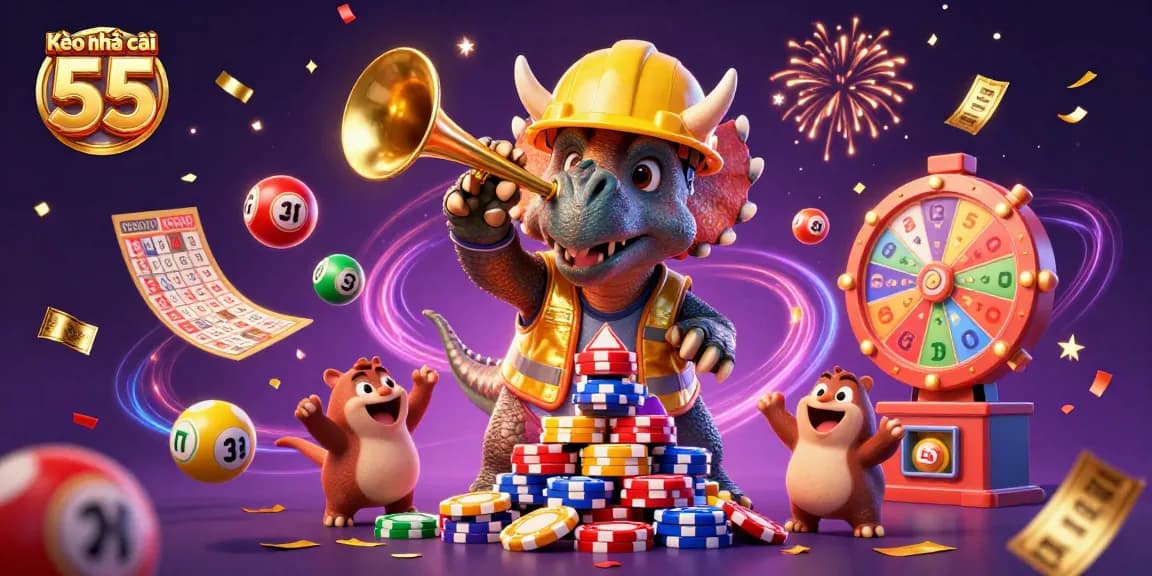 Kèo nhà cái 55 showcases a lively 3D cartoon scene with triceratops building poker chip pyramids amidst lottery excitement.