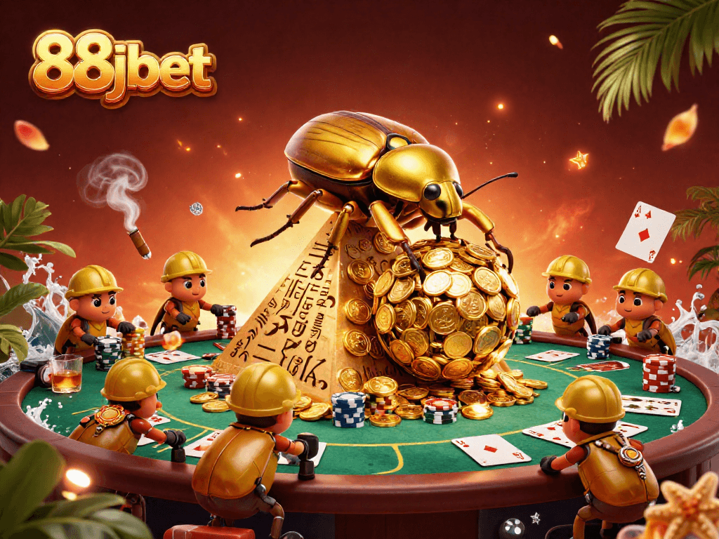 Experience the excitement of 88jbet with a golden beetle rolling coins amidst a vibrant casino scene.