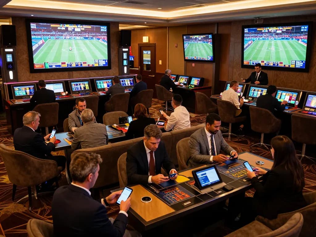 Kèo nhà cái sports betting lounge filled with excited bettors engaged in real-time gameplay analytics.