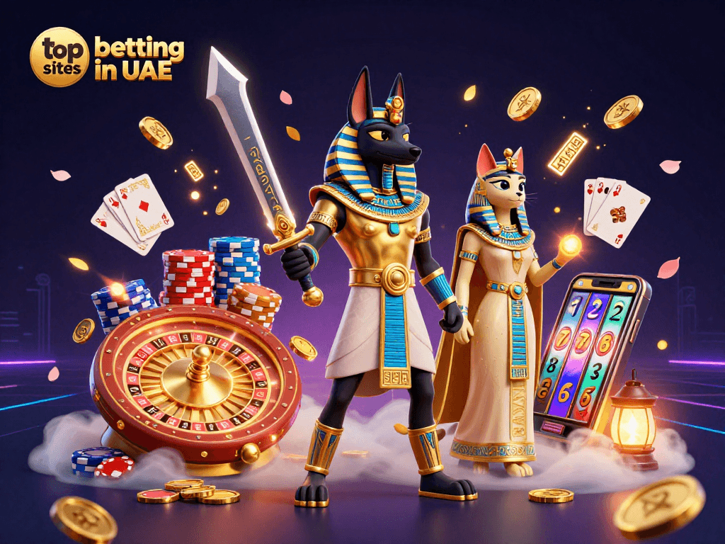 Bet on top betting sites in UAE with Anubis and Bastet in a vibrant casino scene.