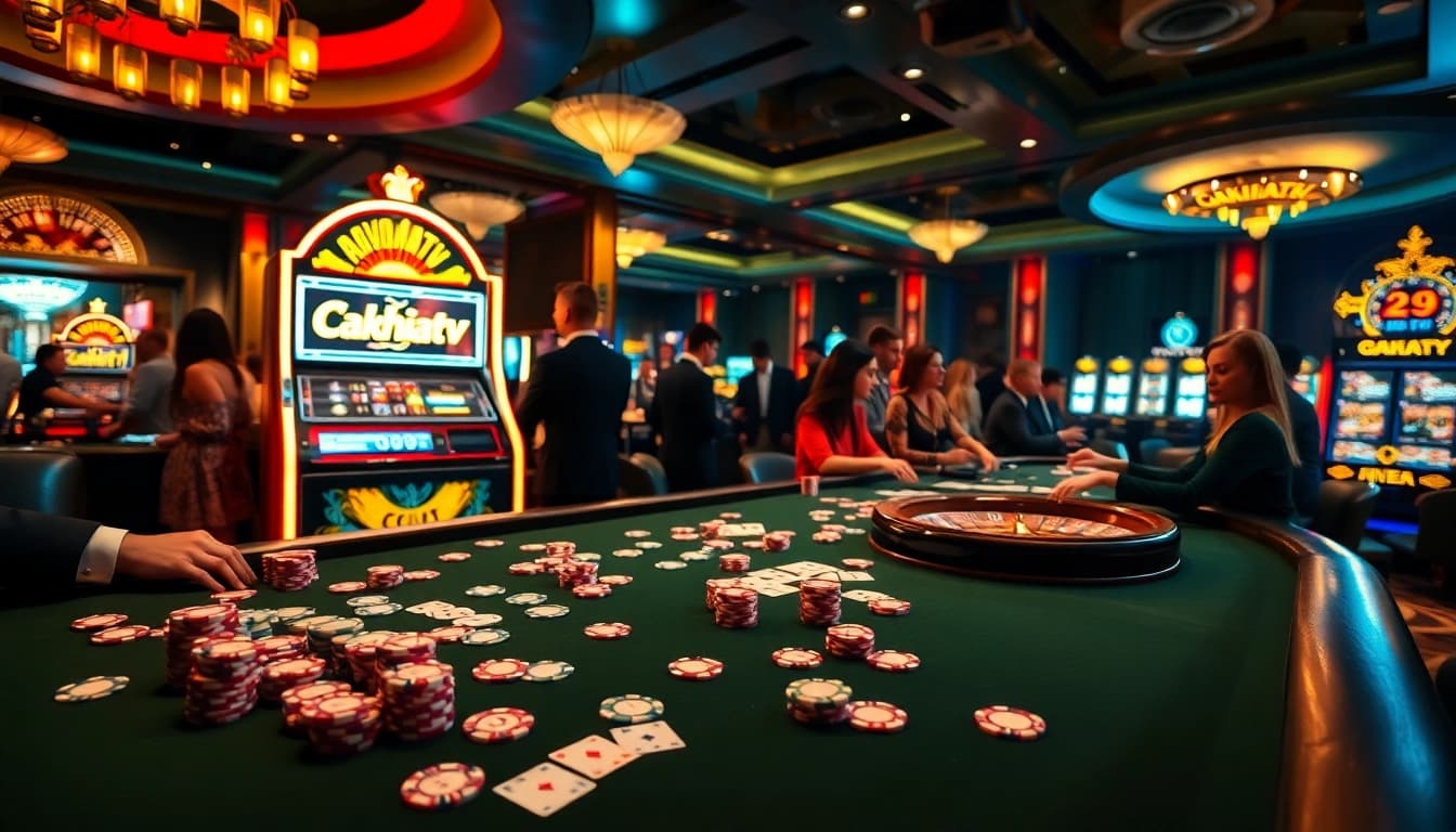 Engage with thrilling Cakhiatv casino gaming featuring poker chips and vibrant slot machines.