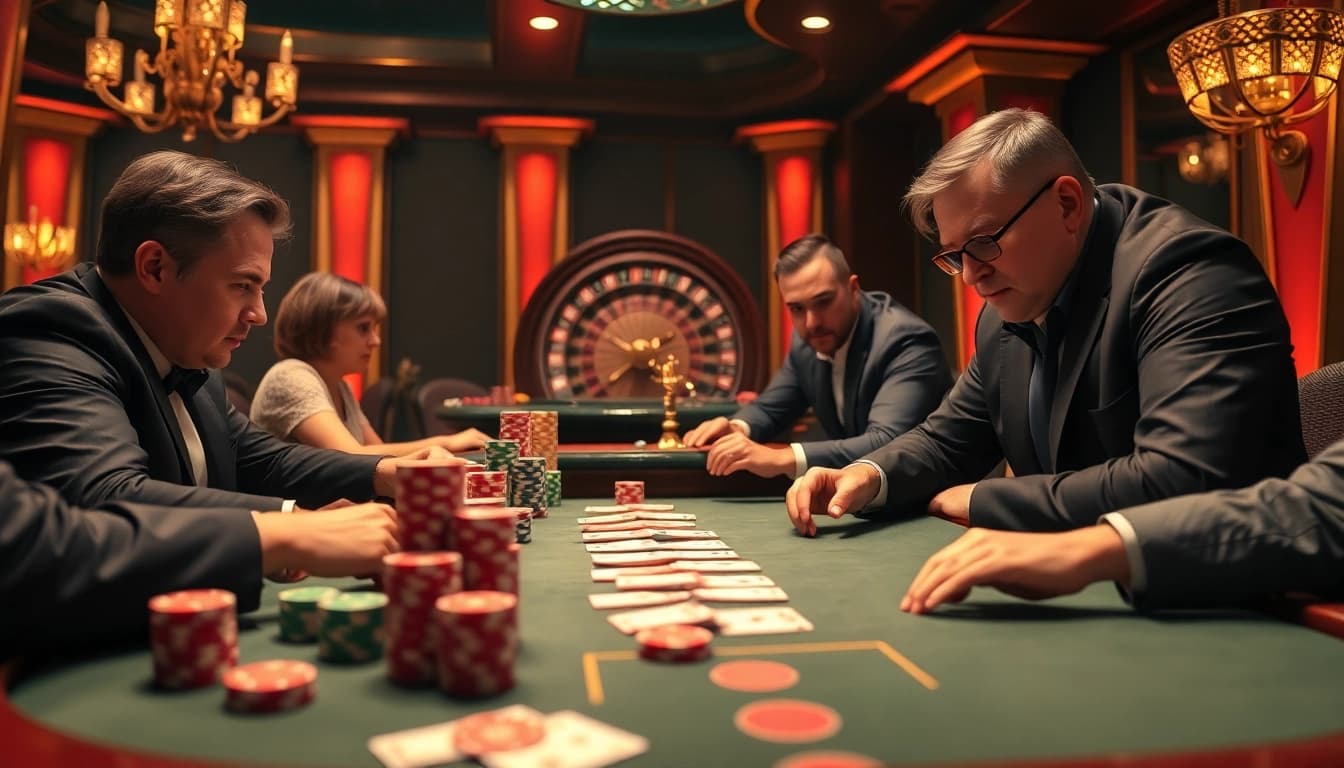 Intense poker gameplay at 123ga.ink with colorful chips and warm lighting.