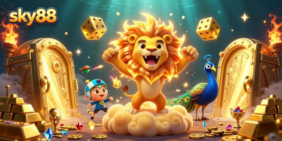 Experience excitement with sky88 as a golden lion roars atop treasure and interactive casino elements.