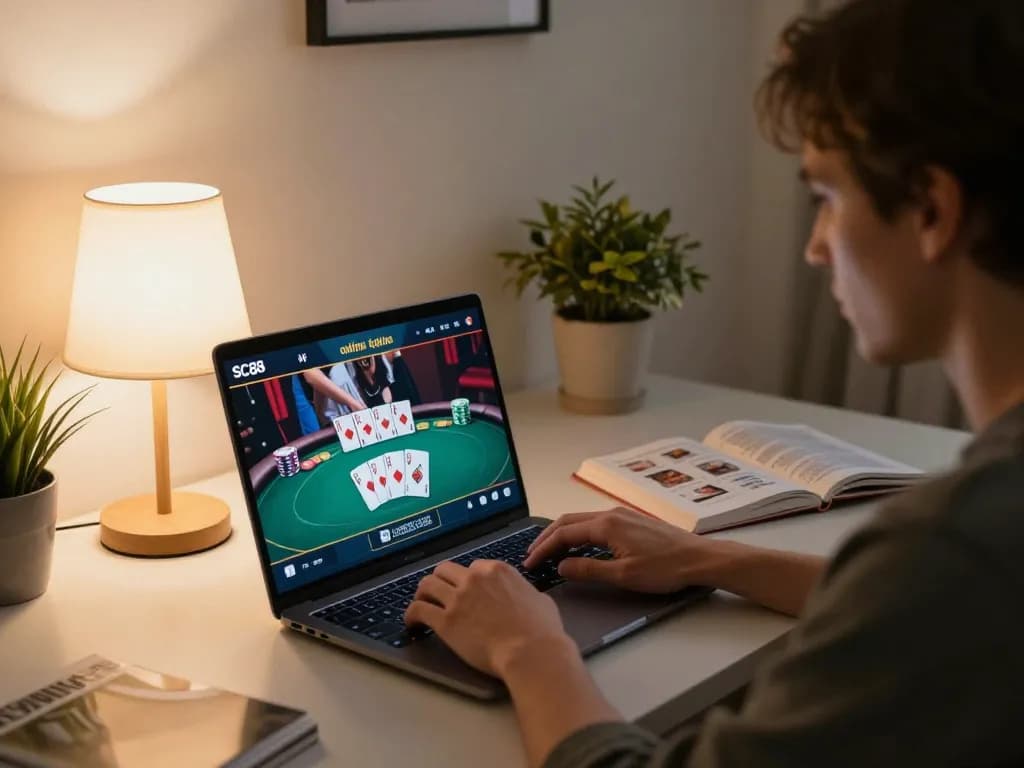 Engage in online gaming with SC88 from the comfort of your home, showcasing a player's focused strategy