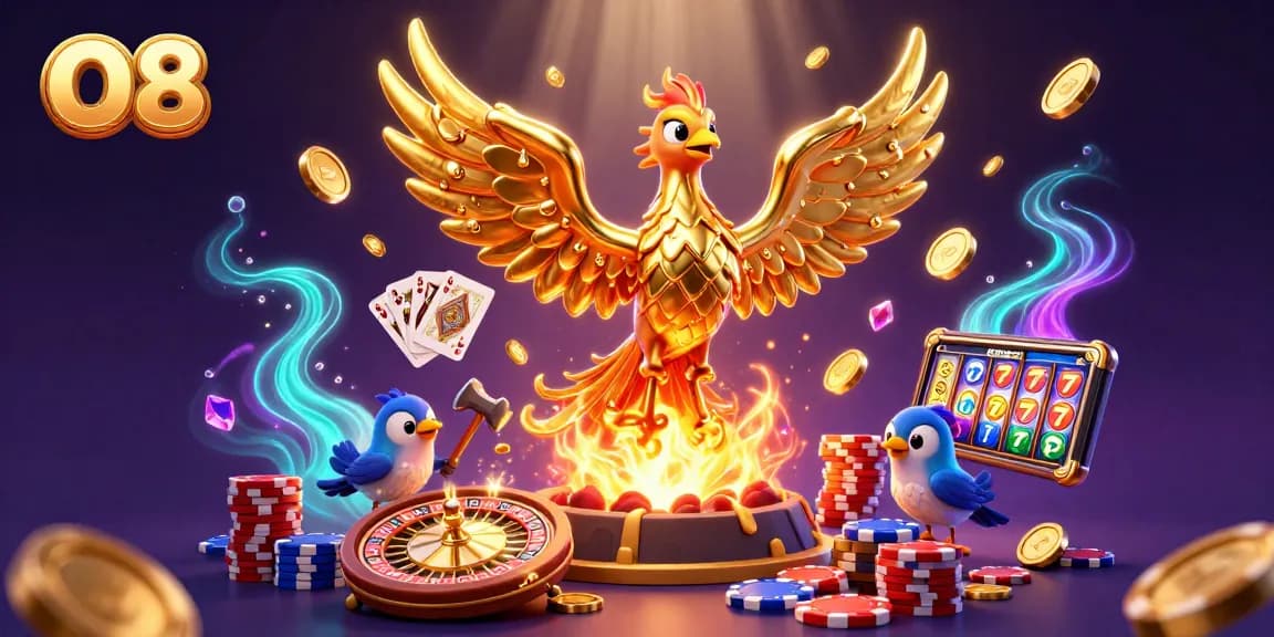 O8's vibrant casino scene features a golden phoenix, cascading coins, and dynamic game elements, showcasing thrilling gambling experiences.