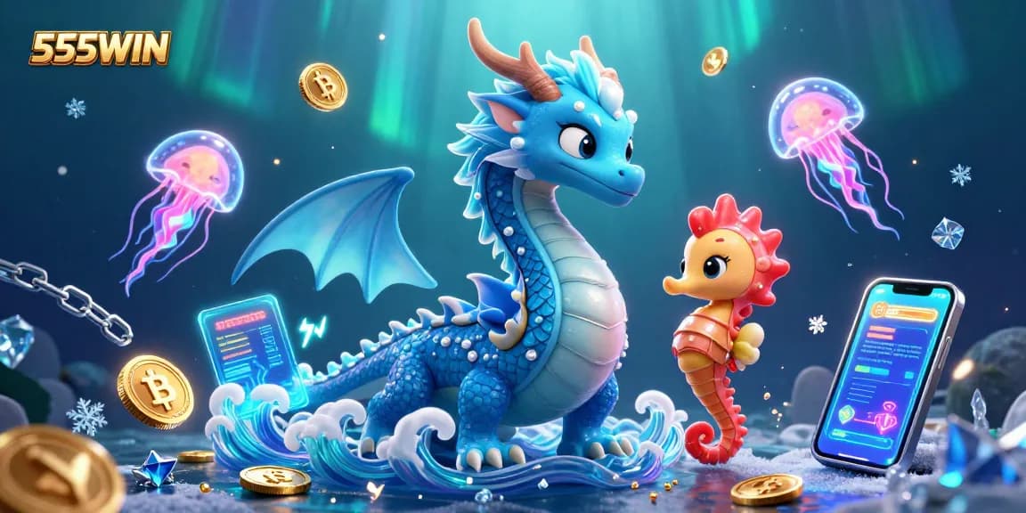 Play vibrant games and win big at 555WIN, featuring engaging characters and neon crypto elements.