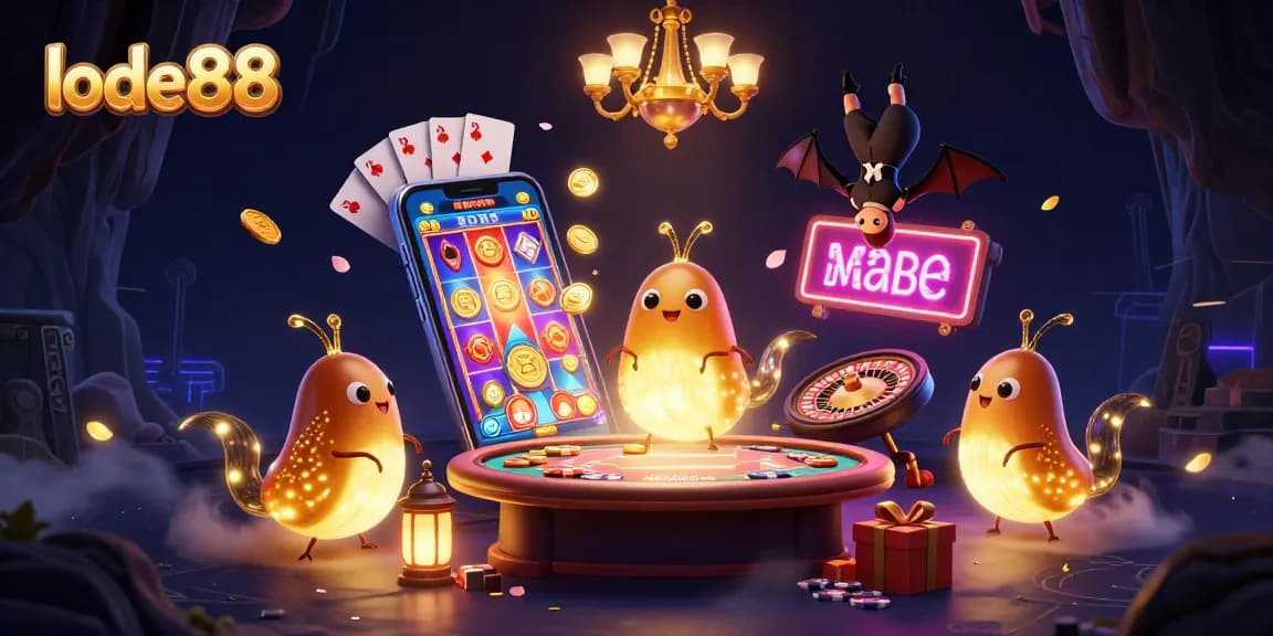 Experience lode88's vibrant casino atmosphere with whimsical characters and dynamic gaming elements in a 3D cave setting.