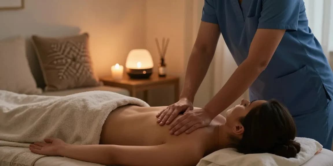 Deep tissue massage therapy at home setting, showcasing 용산출장안마 service with cozy atmosphere and professional therapist.