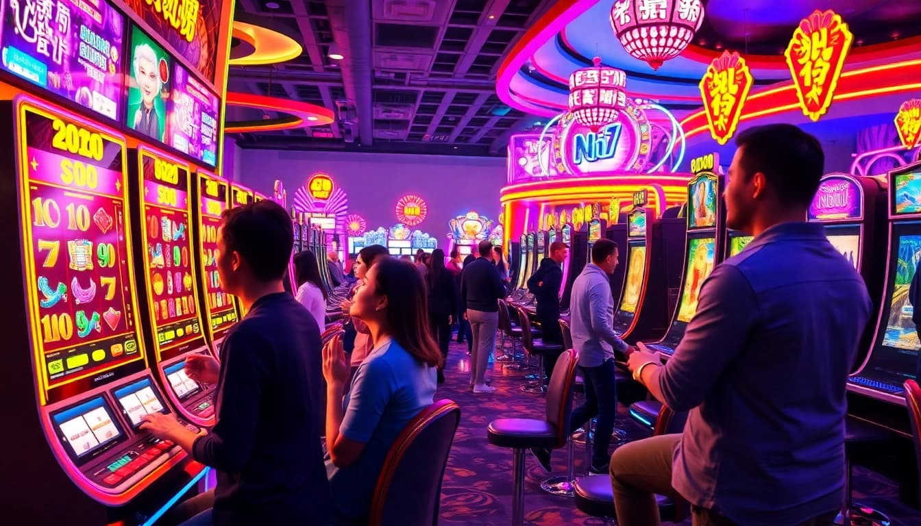 Nổ hũ slot machines in an exciting casino environment filled with vibrant colors and enthusiastic players.