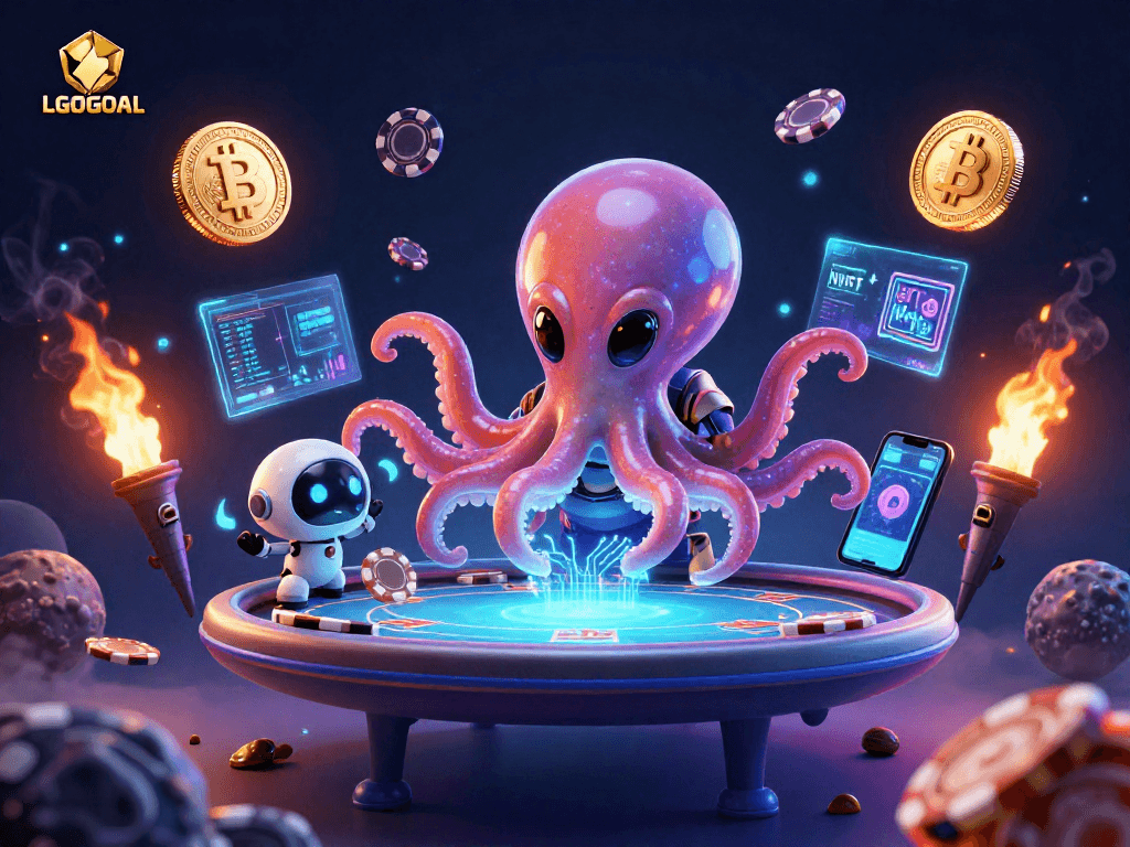 Engage in gaming action with LGOGOAL's vibrant alien octopus at a holographic poker table.