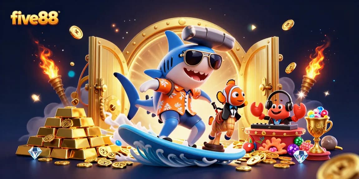 Experience the excitement of five88 with a vibrant 3D scene featuring a shark, clownfish, and crab in a dazzling casino.