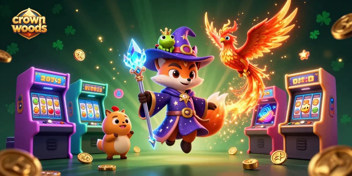 Engage with crownwoods casinos through a vibrant 3D scene of games and characters.