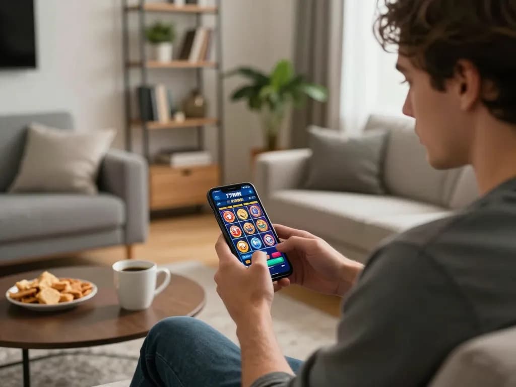 Playing mobile slots on 77WIN app in a cozy living room with engaging atmosphere.