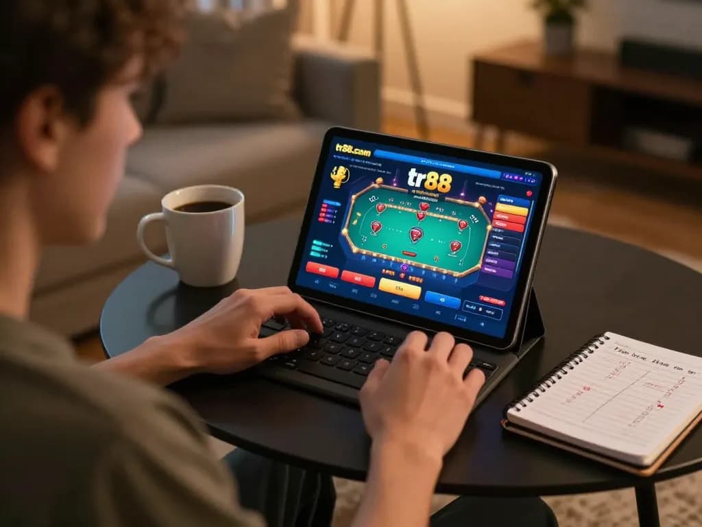 Engaging online poker gameplay on tr88.com with a cozy home setup.