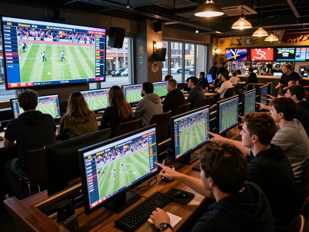 Engaged sports bettors analyzing odds and making strategic bets at a lively venue, highlighting da88gg logo and atmosphere