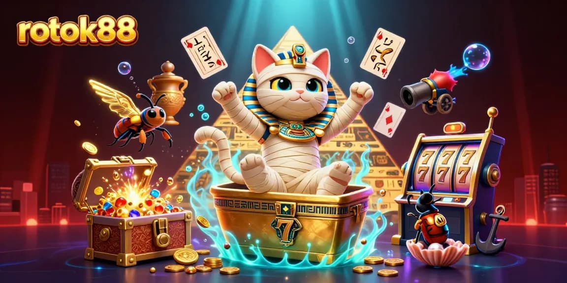 Play the immersive rokok88 casino game featuring a cartoon mummy cat, treasure, and Egyptian-themed elements.
