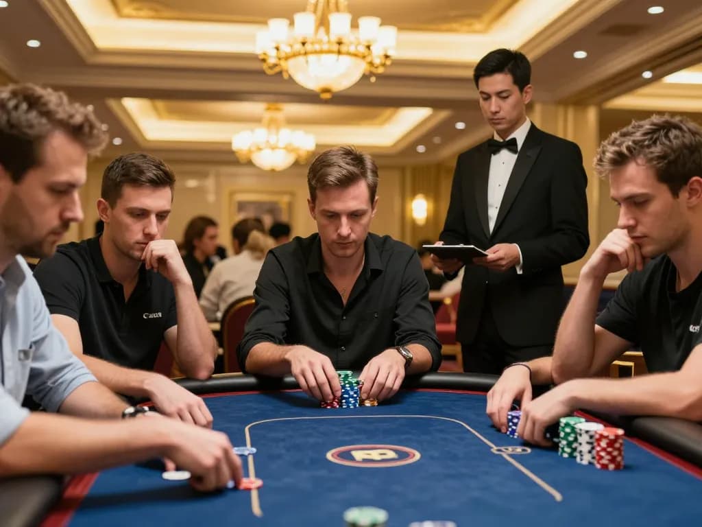 Players strategizing in an intense poker game at 88bet casino table, showcasing high-stakes action and luxury.