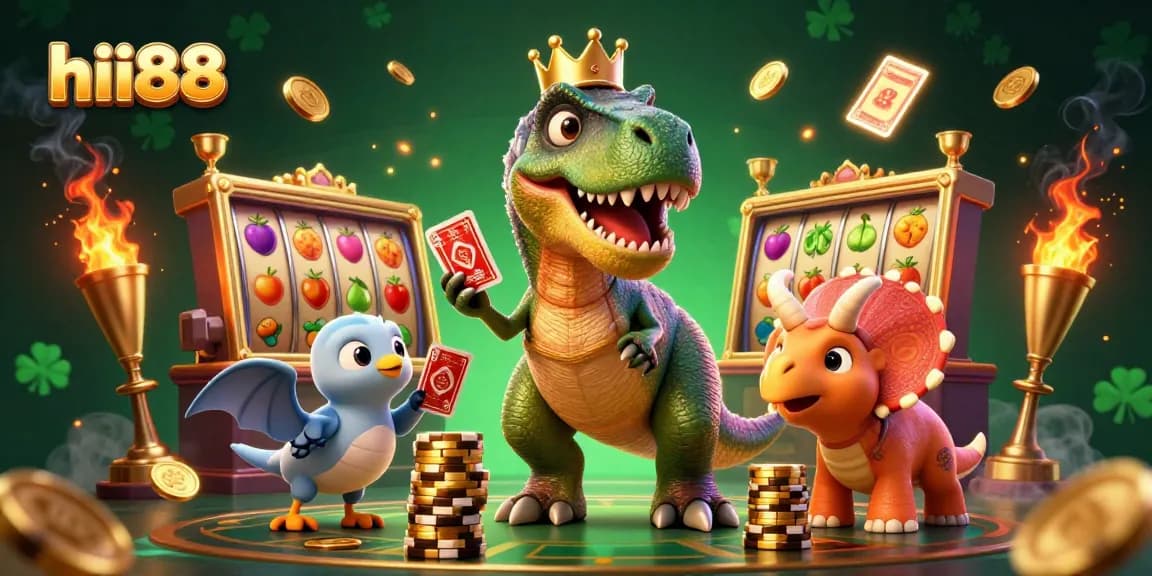 Engage with the exciting world of hii88 while a T-Rex and friends playcards and stack chips, showcasing a vibrant gambling scene.
