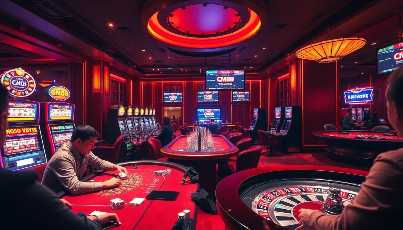 Experience the thrills of CM88 with high-stakes poker and vibrant slot machines in a luxurious casino.