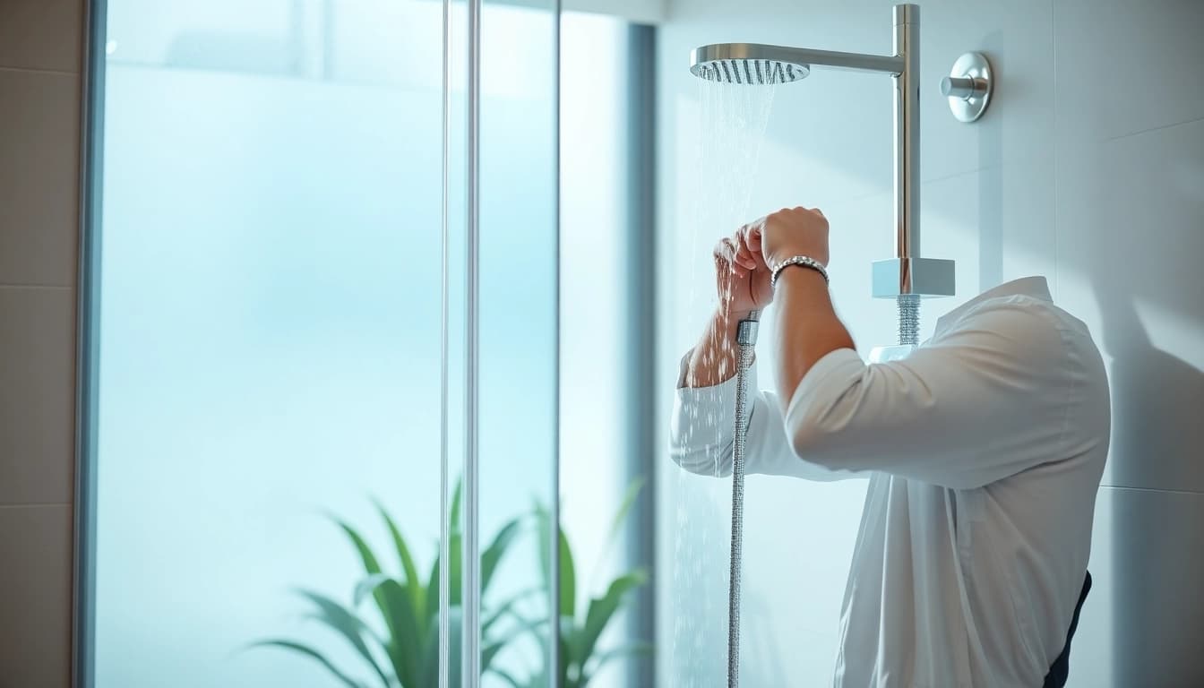 Installing a new shower uk with elegant fixtures in a modern bathroom setting.