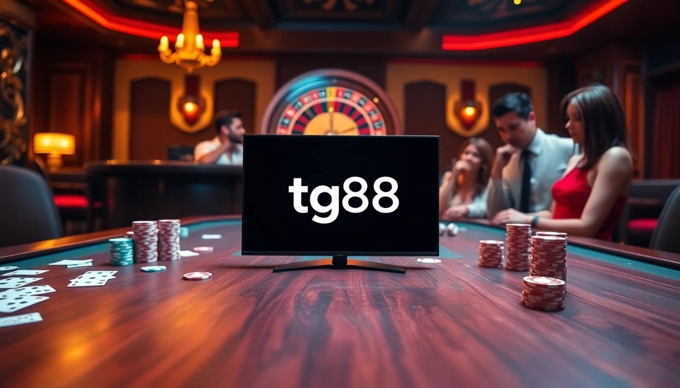 Experience thrilling gaming at tg88, featuring vibrant poker chips and a spinning roulette wheel.