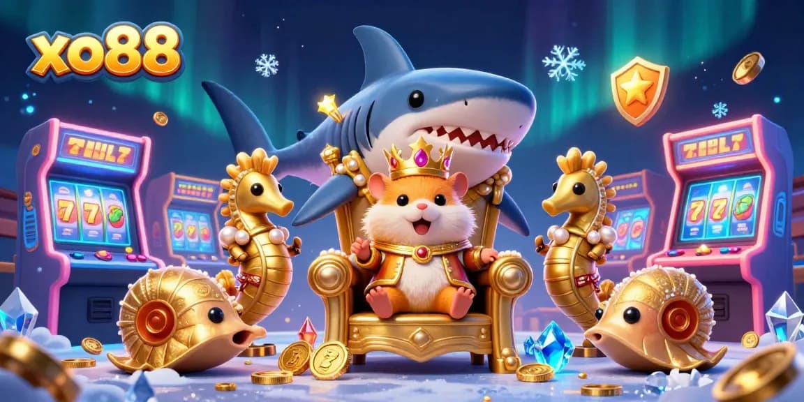 Engage with xo88’s vibrant casino scene featuring a golden hamster king and slot machines.