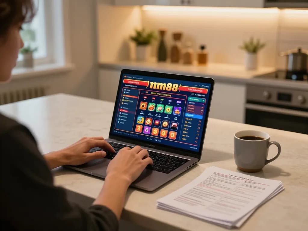 Engaging user playing mm88 casino games on laptop at home, showcasing a strategic betting environment